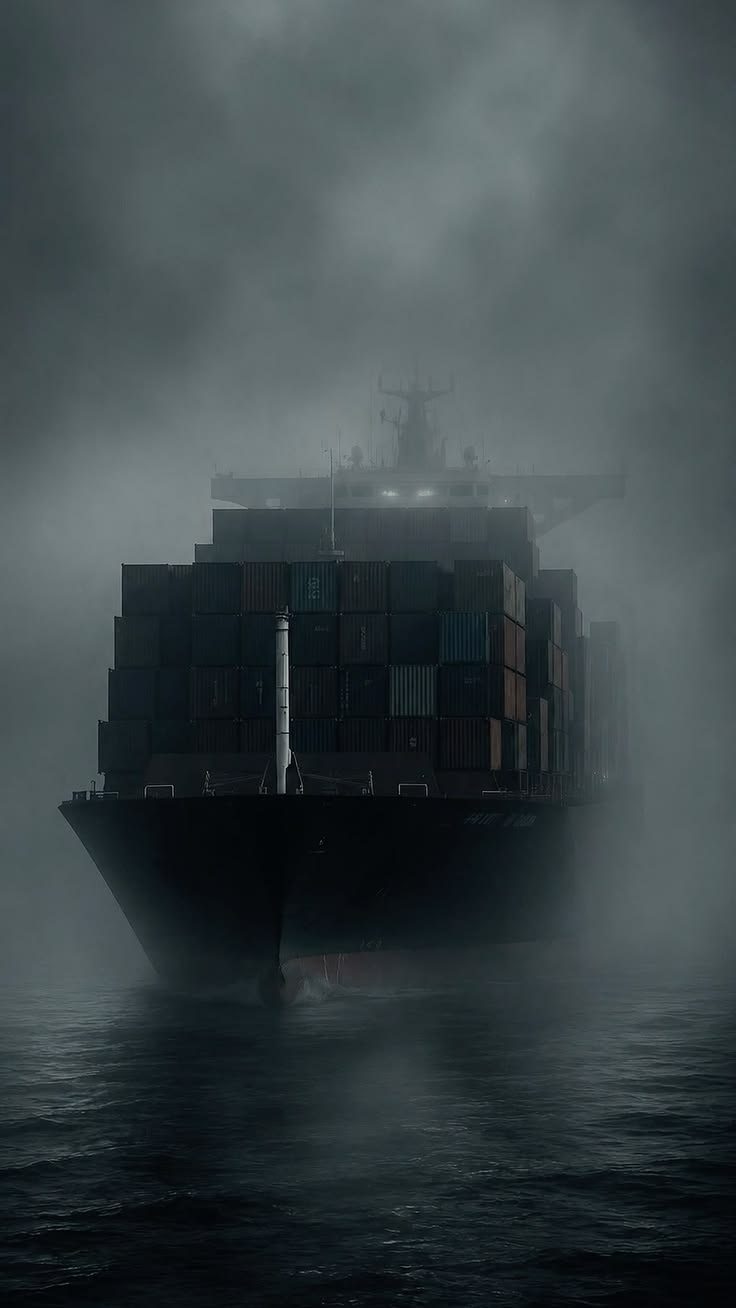 Container ship approaching through heavy fog