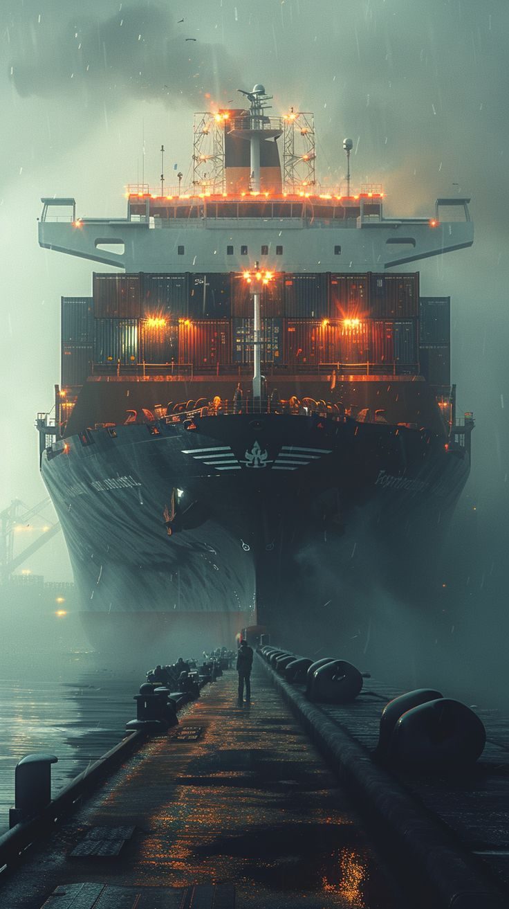 Container ship at a terminal berth at night in the rain