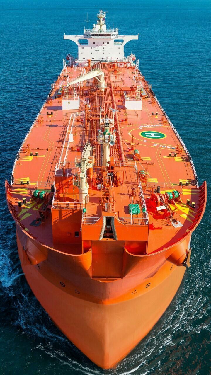 Aerial view of a tanker's bow underway